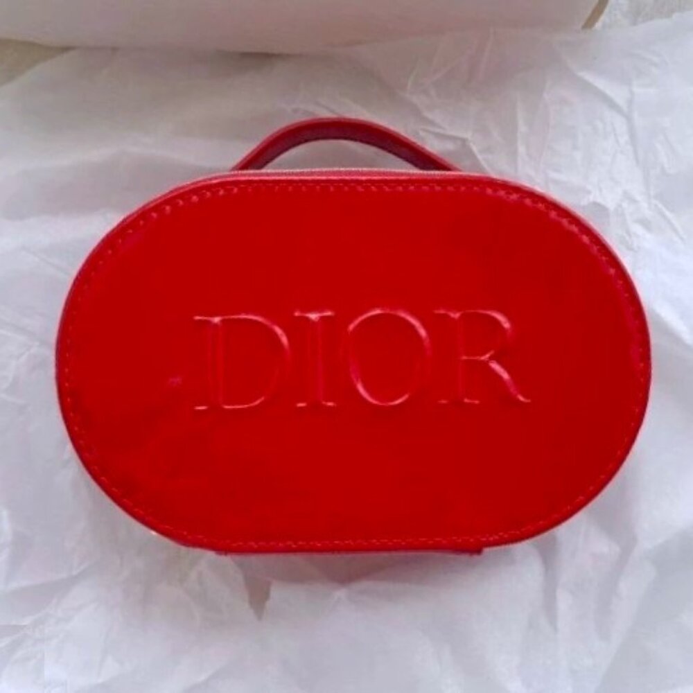 DIOR Red Oval Cosmetic Makeup Bag Pouch Case w Zipper & Handle New & AUTHENTIC